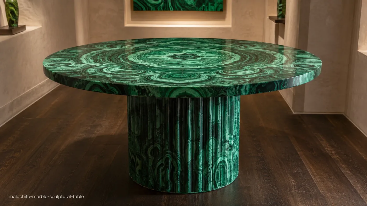 Malachite Marble sculptural table with emerald concentric rings, flowing bands and a fluted pedestal.
