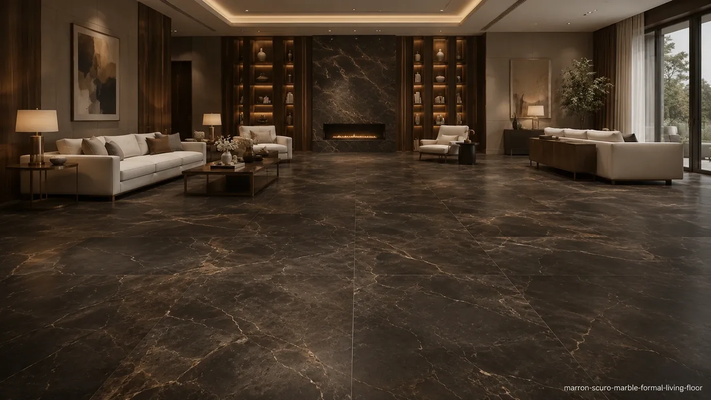 Marron Scuro Marble formal living floor with honed espresso-brown slabs and subtle cream-grey veins.