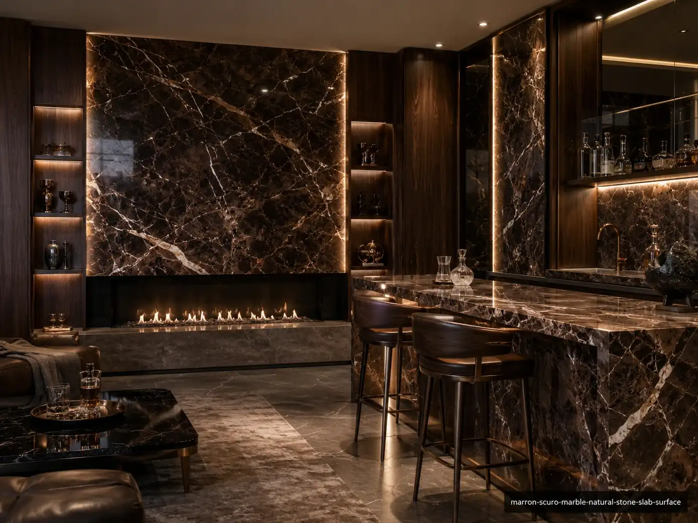 Polished espresso architectural slab on a fireplace wall, bar counter and wall panels with cream and caramel linear veining.