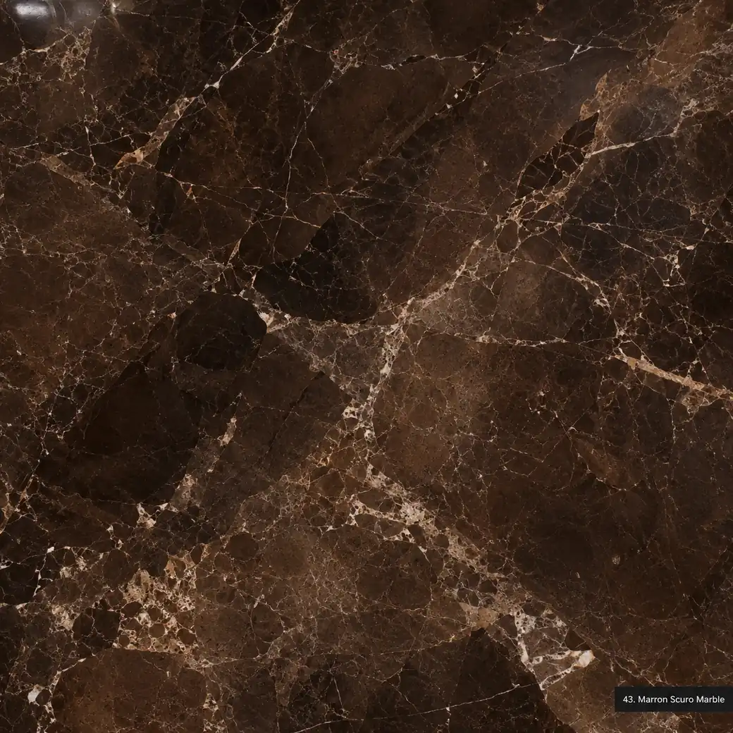 Marron Scuro Marble with deep dark brown stone, cream veins, caramel clouds, walnut tones and a rich polished mineral finish.