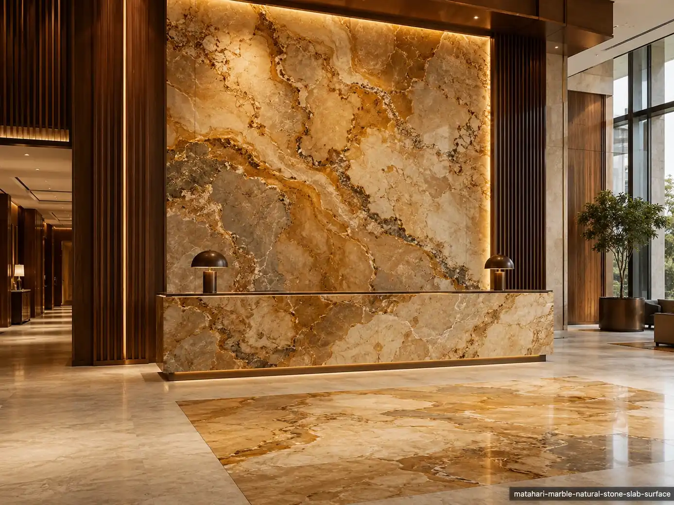 Polished amber architectural slab on a lobby wall, reception counter and floor panels with honey, ochre and caramel movement.