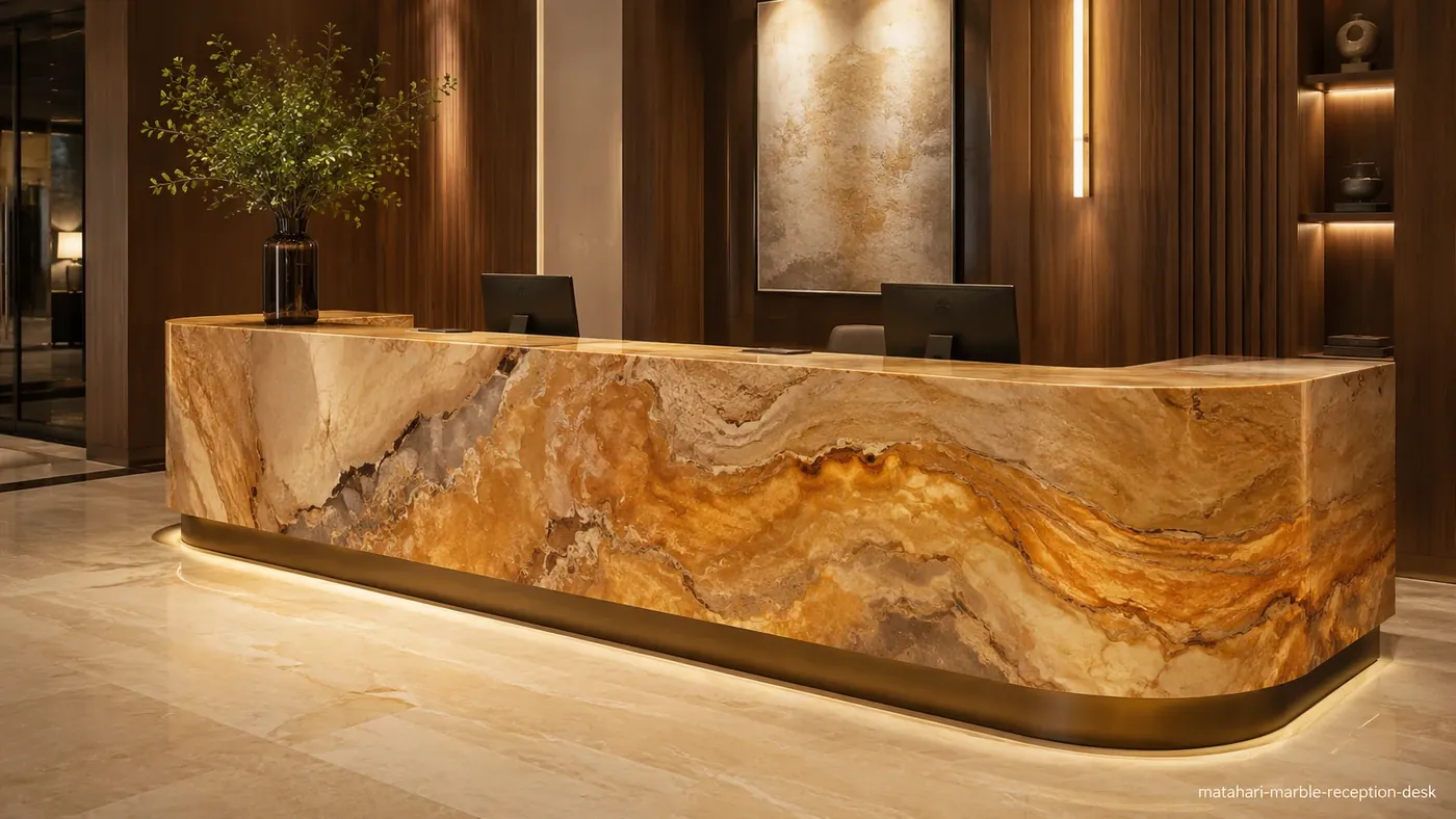 Matahari Marble reception desk with honey-gold stone, ochre ribbons and warm earthy-brown movement.