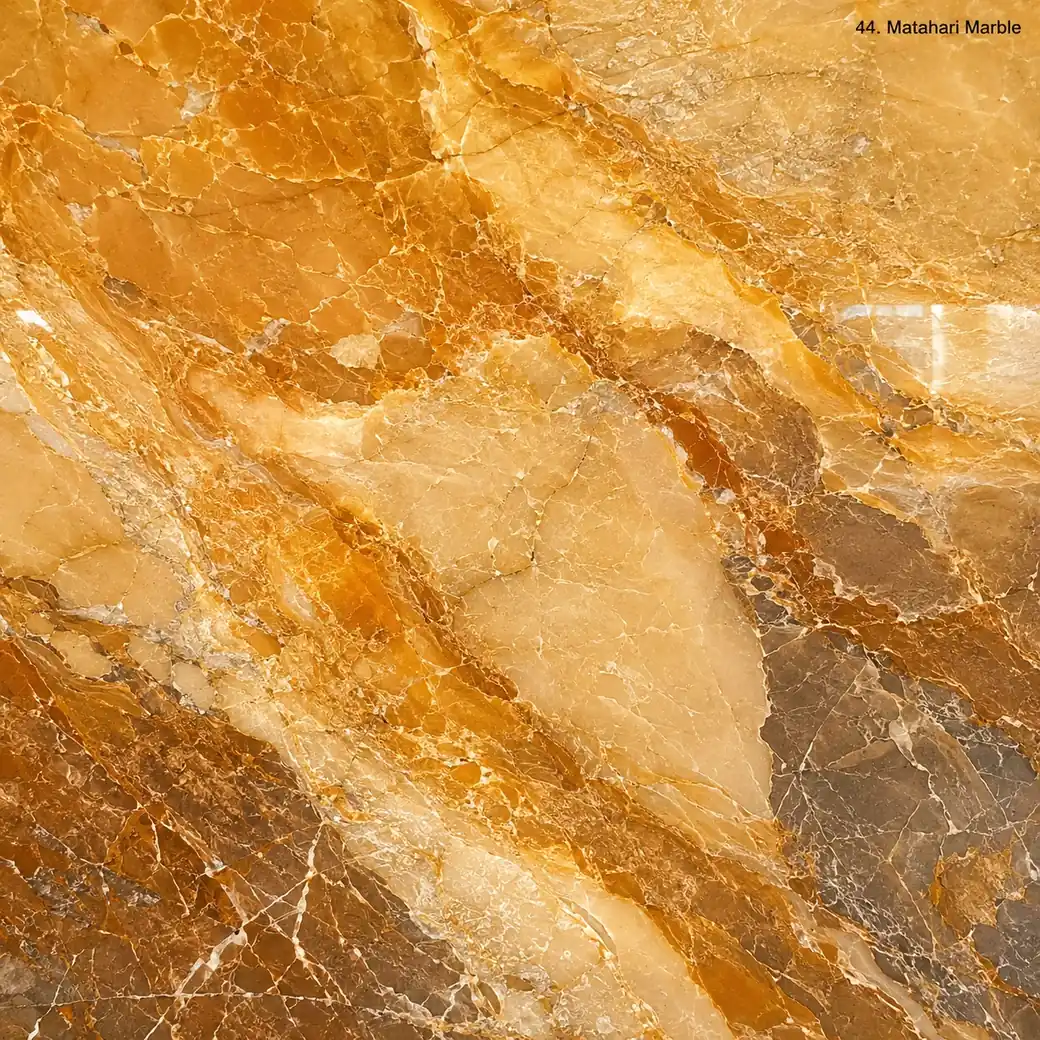 Matahari Marble with sun inspired golden stone, honey ribbons, ochre clouds, brown seams and luminous polished mineral depth.