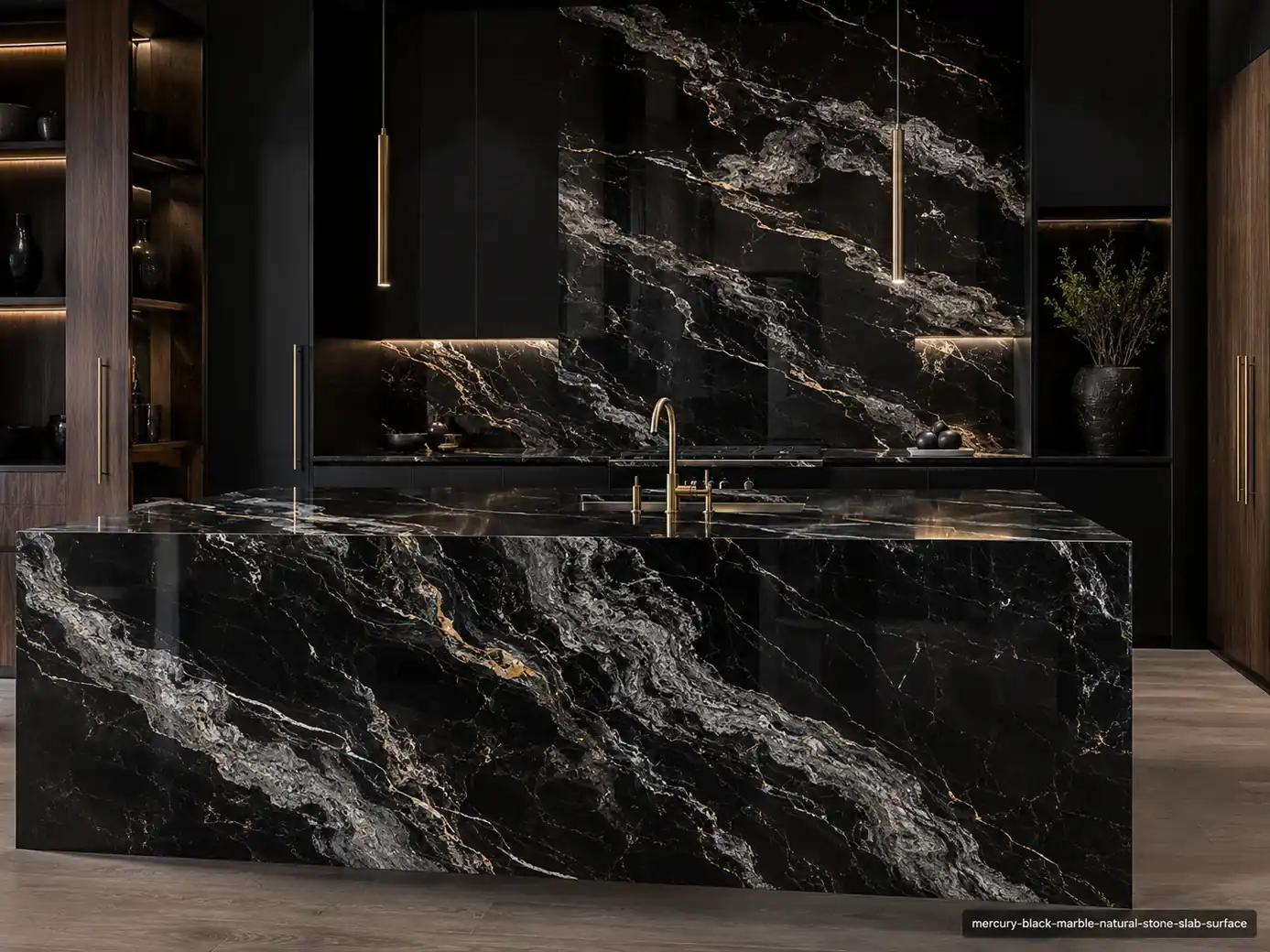 Dramatic dark architectural slab on a waterfall kitchen island and backsplash with black depth and silver-white streams.