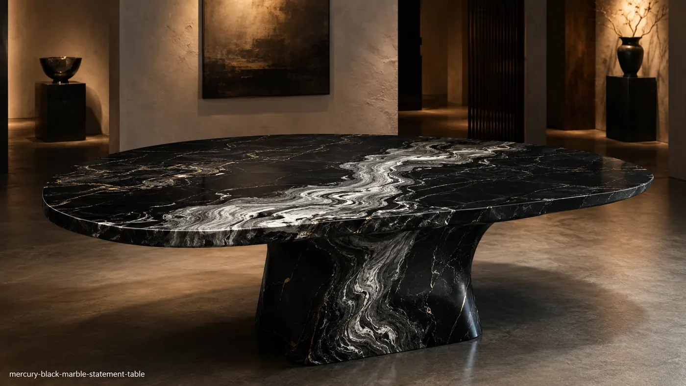 Mercury Black Marble statement table with black stone and sweeping silver, grey and white liquid-like veins.