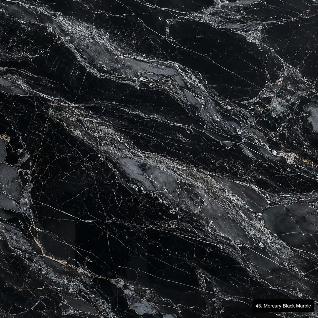 Mercury Black Marble with fluid black silver stone, sweeping grey streams, white calcite accents and mirror-polished depth.
