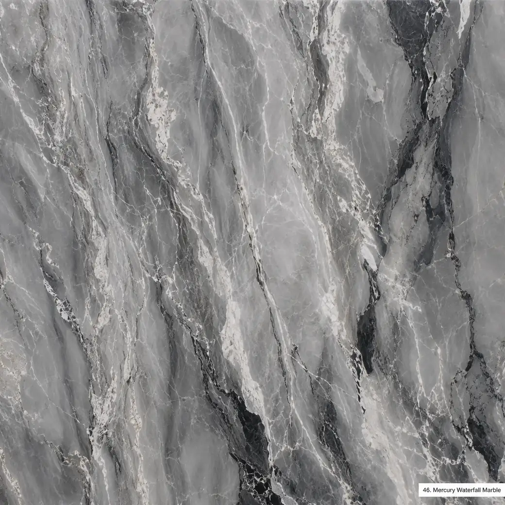 Mercury Waterfall Marble with cascading grey vein stone, silver currents, charcoal channels and rich polished layered depth.