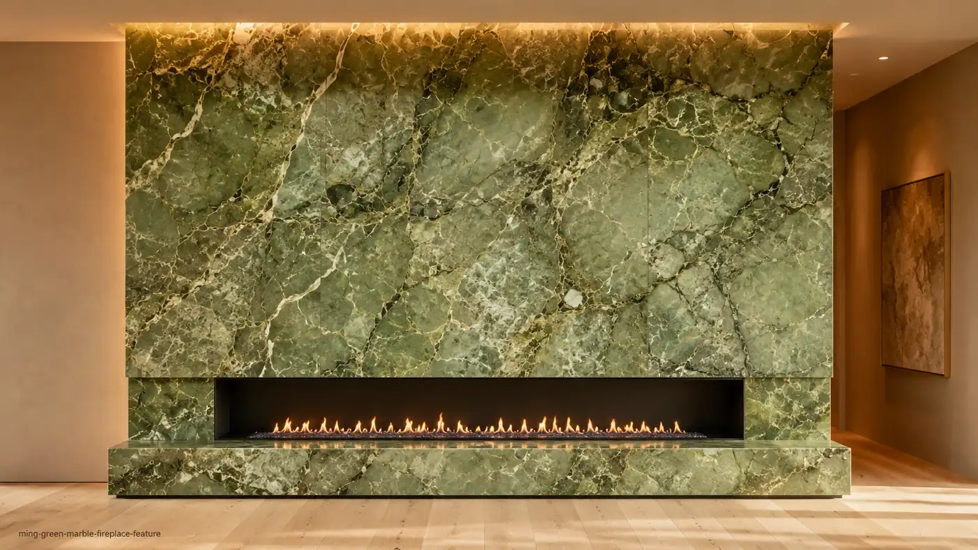 Ming Green Marble fireplace feature with mint, jade and olive stone crossed by white calcite veins.