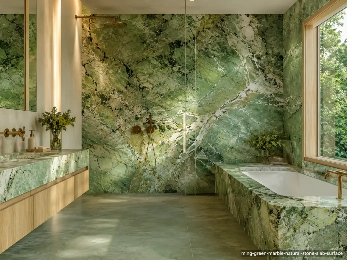 Polished serene architectural slab across a shower wall, vanity, bathtub surround and flooring with mint and jade movement.