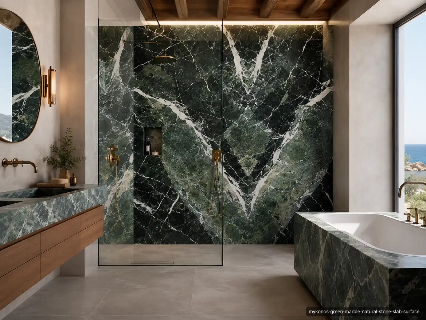 Polished Mediterranean architectural slab on a shower wall, vanity and bathtub surround with deep green and white veins.