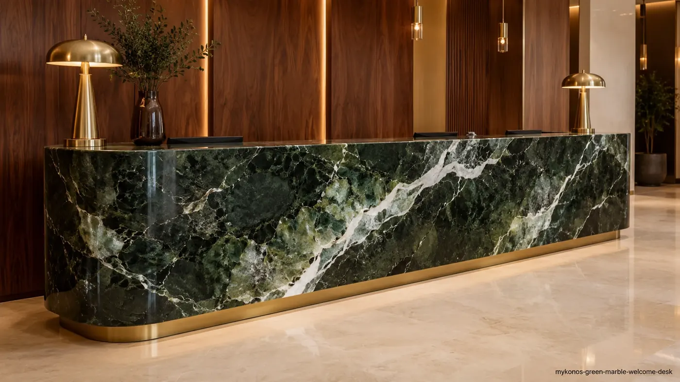 Mykonos Green Marble welcome desk with forest-green stone, white calcite channels and smoky green clouds.