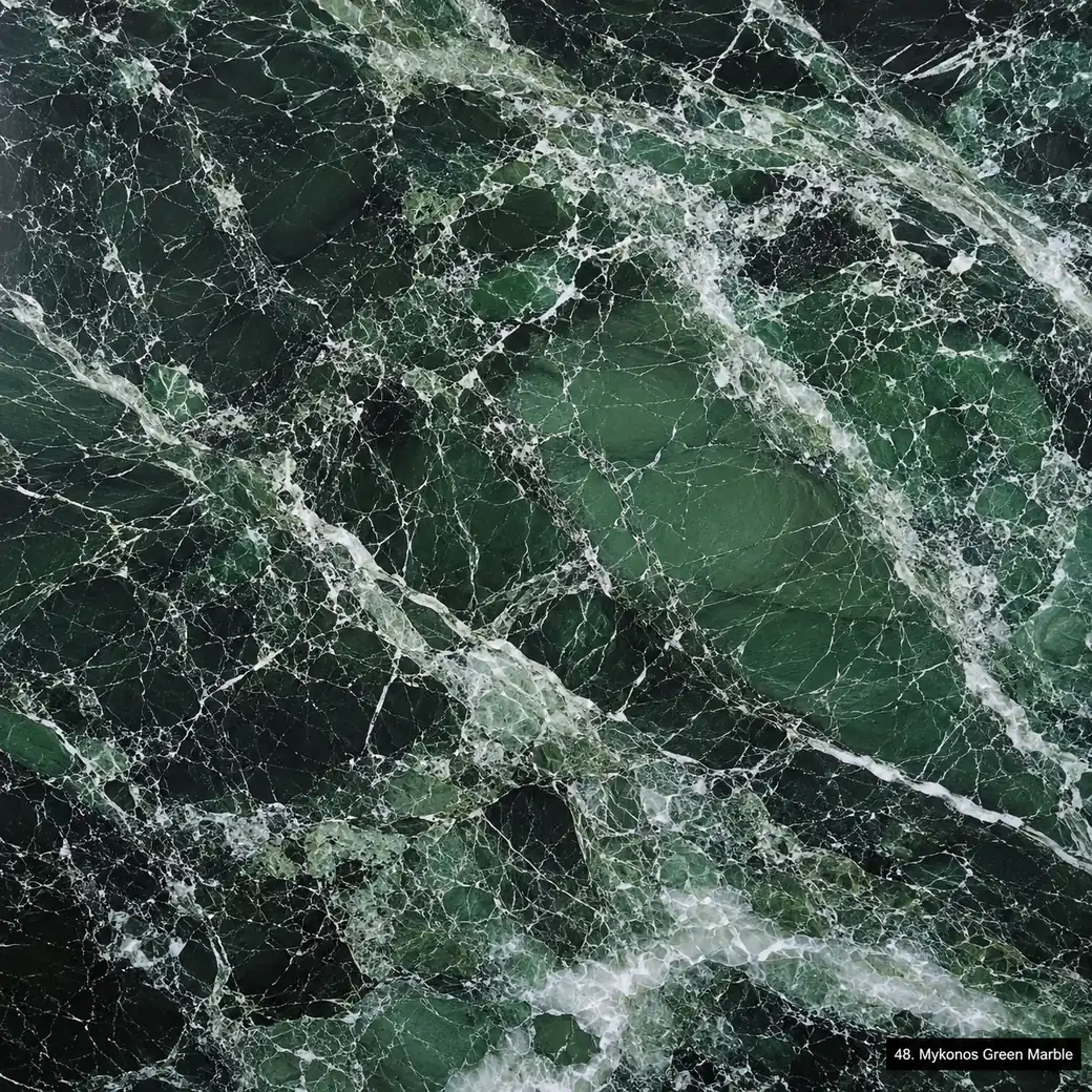 Mykonos Green Marble with Aegean inspired green stone, white calcite rivers, emerald clouds and deep polished mineral depth.