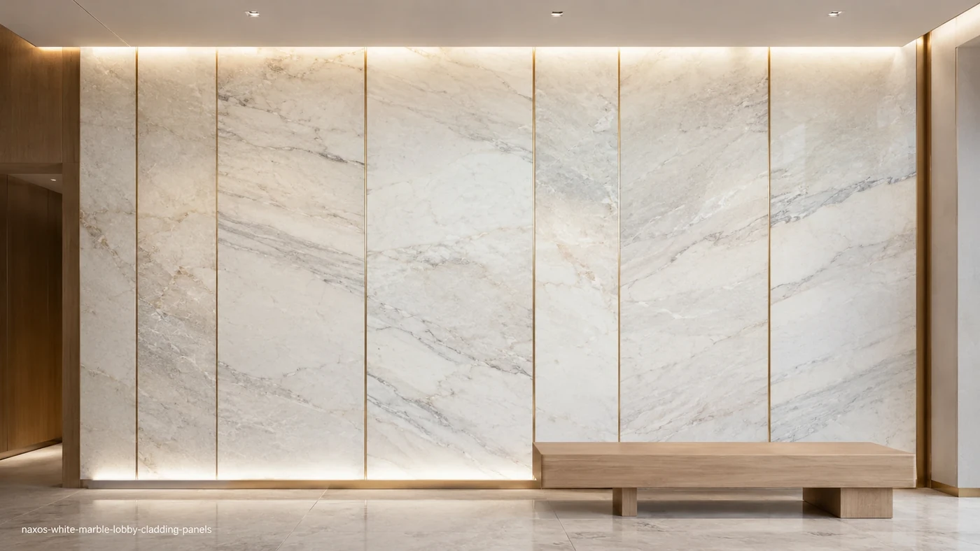 Naxos White Marble lobby cladding panels with crystalline white stone and subtle taupe-grey bands.