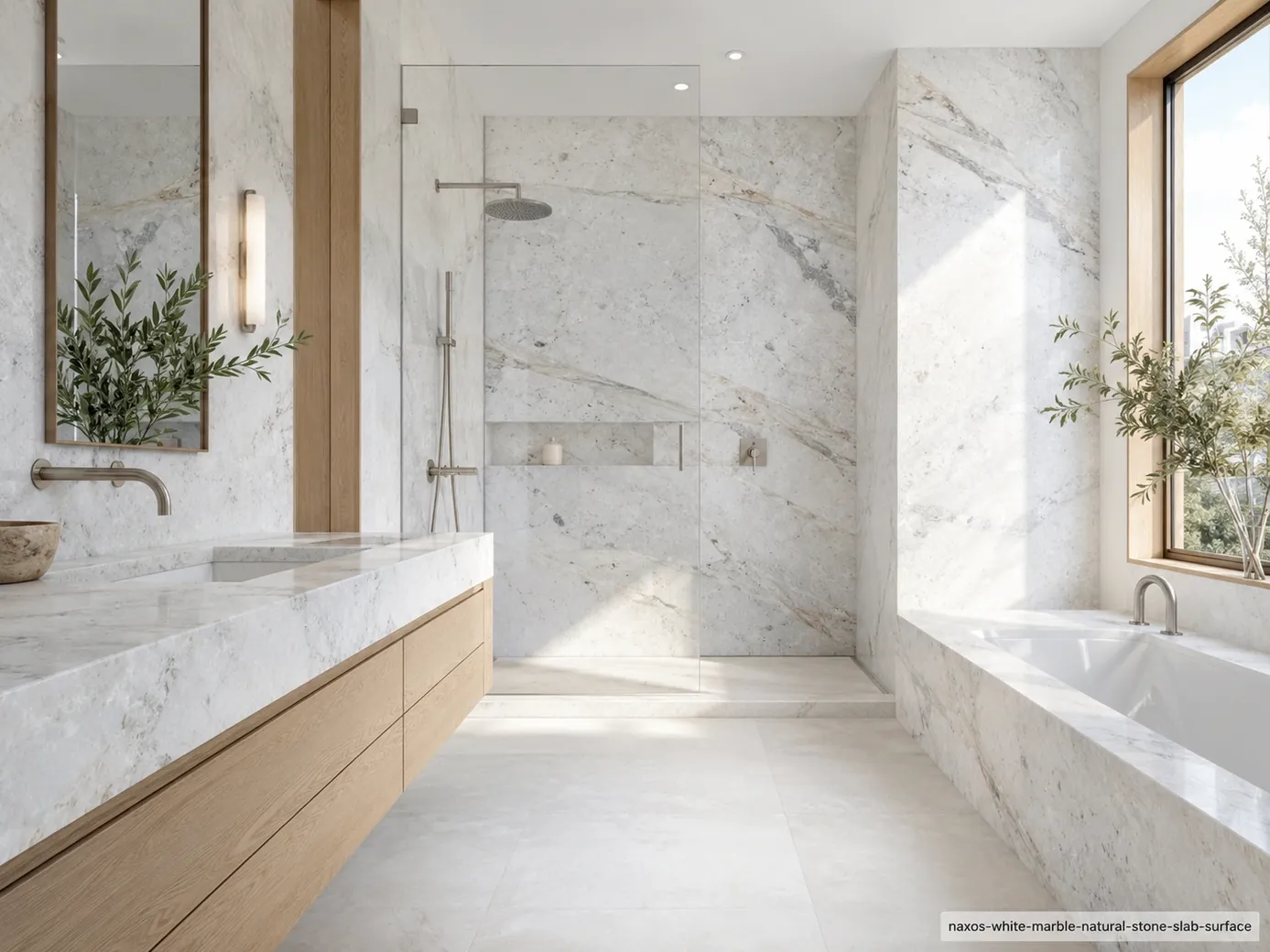 Polished luminous architectural slab across a vanity, shower walls, bathtub surround and flooring with crystalline white.