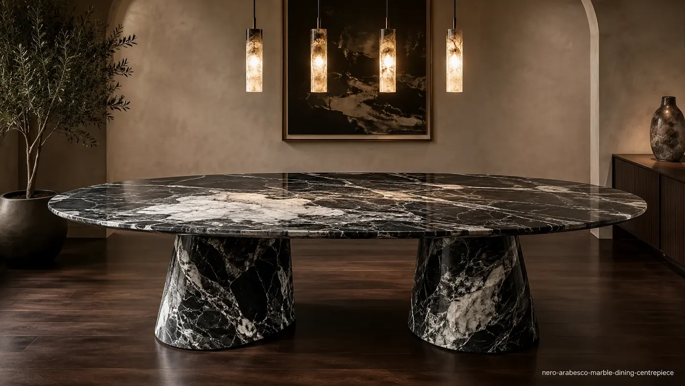 Nero Arabesco Marble dining centrepiece with black stone, broad white calcite masses and smoky-grey movement.