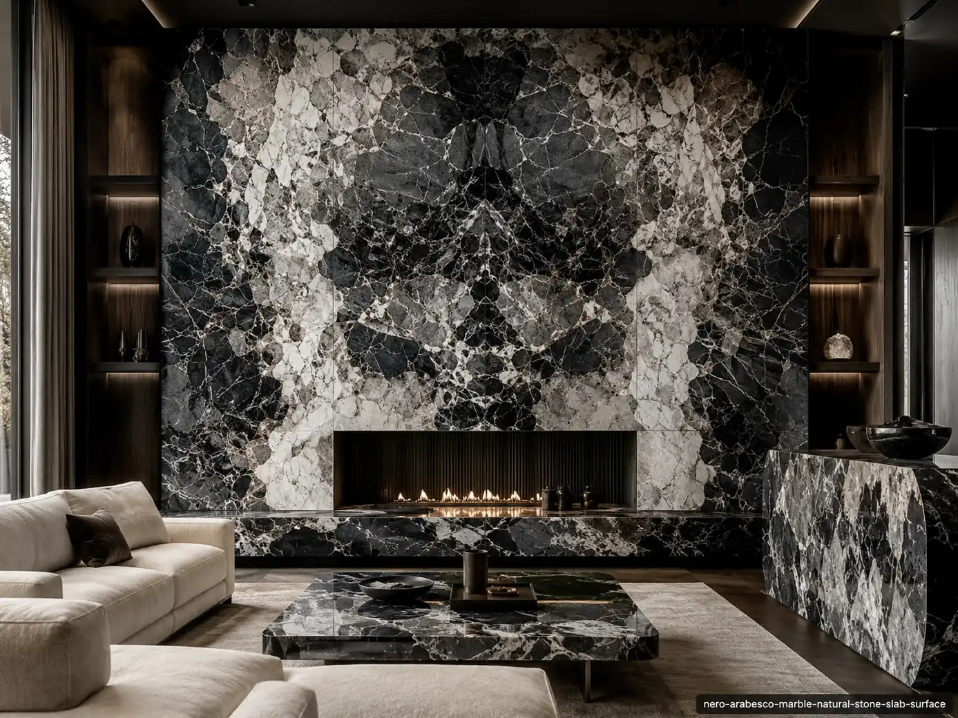 Polished high contrast architectural slab on a fireplace wall and console with black, white and silver brecciated movement.