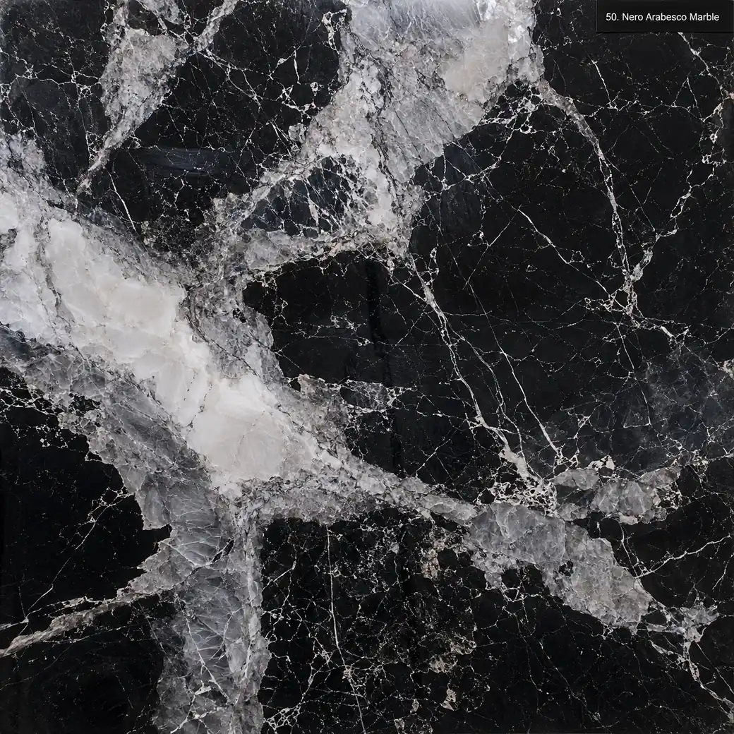 Nero Arabesco Marble with black stone with arabesque veining, silver calcite masses, white threads and polished contrast.
