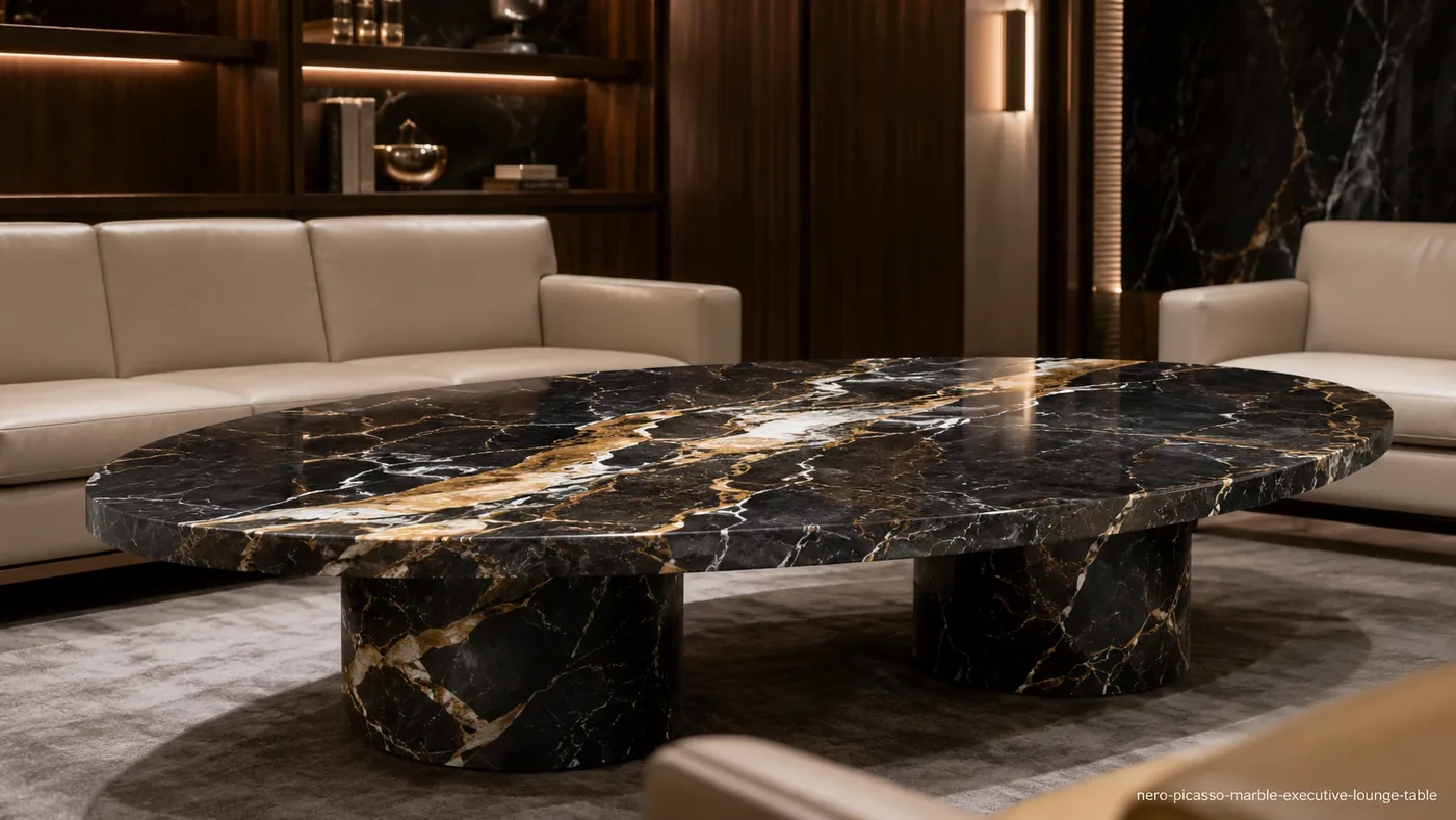 Nero Picasso Marble executive lounge table with a black top, gold-ivory veins and sculptural pedestal supports.