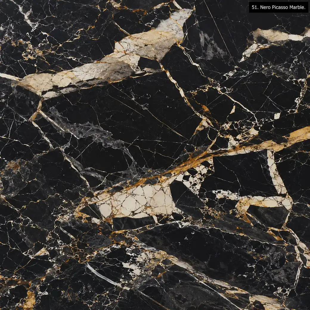 Nero Picasso Marble with abstract black gold stone, ivory bands, ochre fractures, rust accents and deep polished finish.
