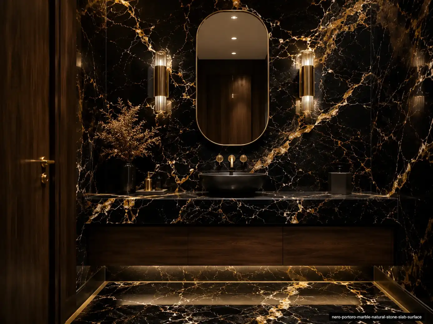 Deep ebony architectural slab on a powder room vanity wall and countertop with fine champagne-gold, ochre and cream veining.