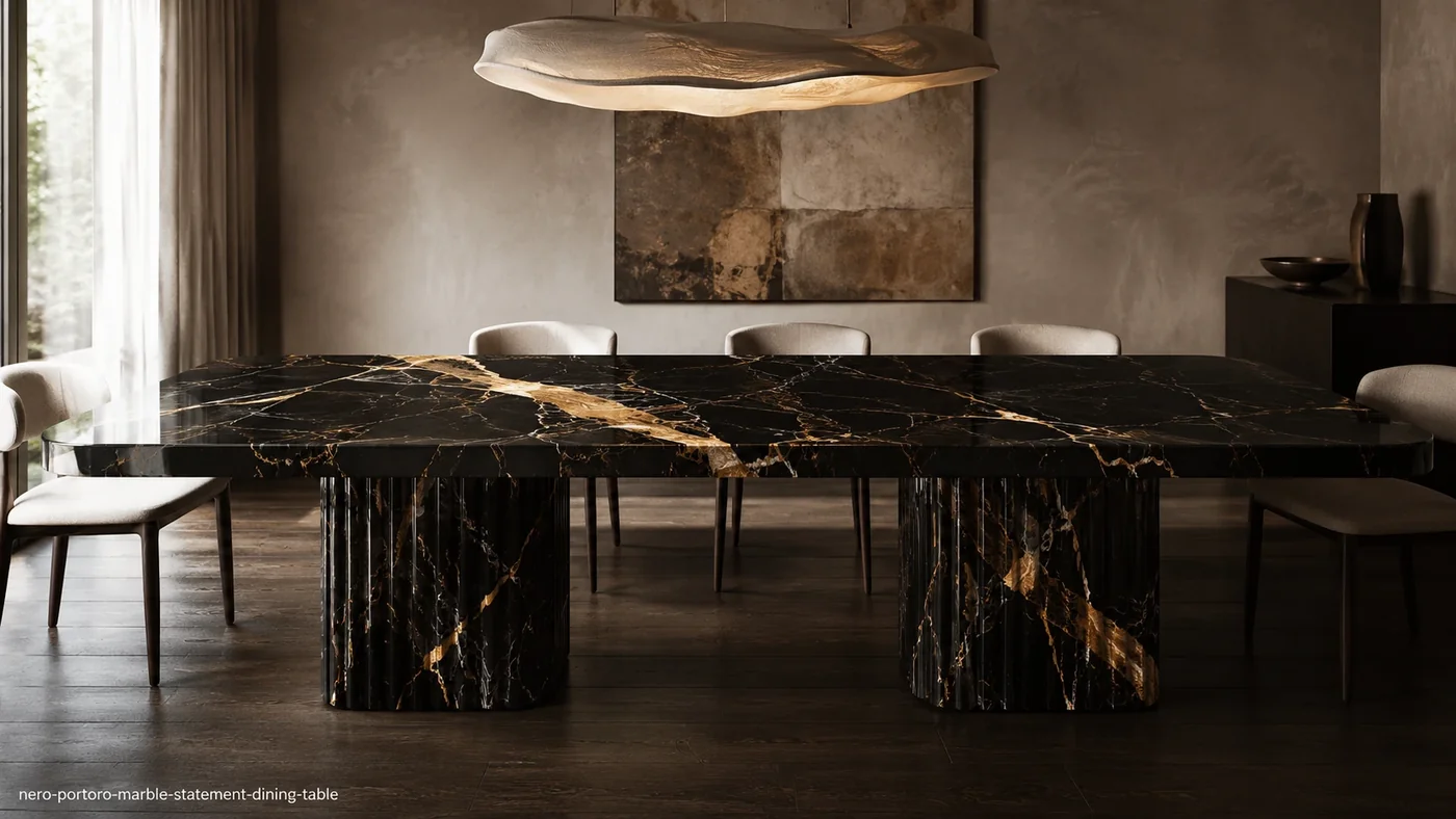 Nero Portoro Marble dining table with a mirror-black top, sweeping gold veins and fluted stone pedestals.