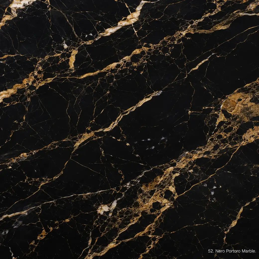 Nero Portoro Marble with jet black gold veined stone, champagne ribbons, ochre branches and mirror-polished luxury depth.