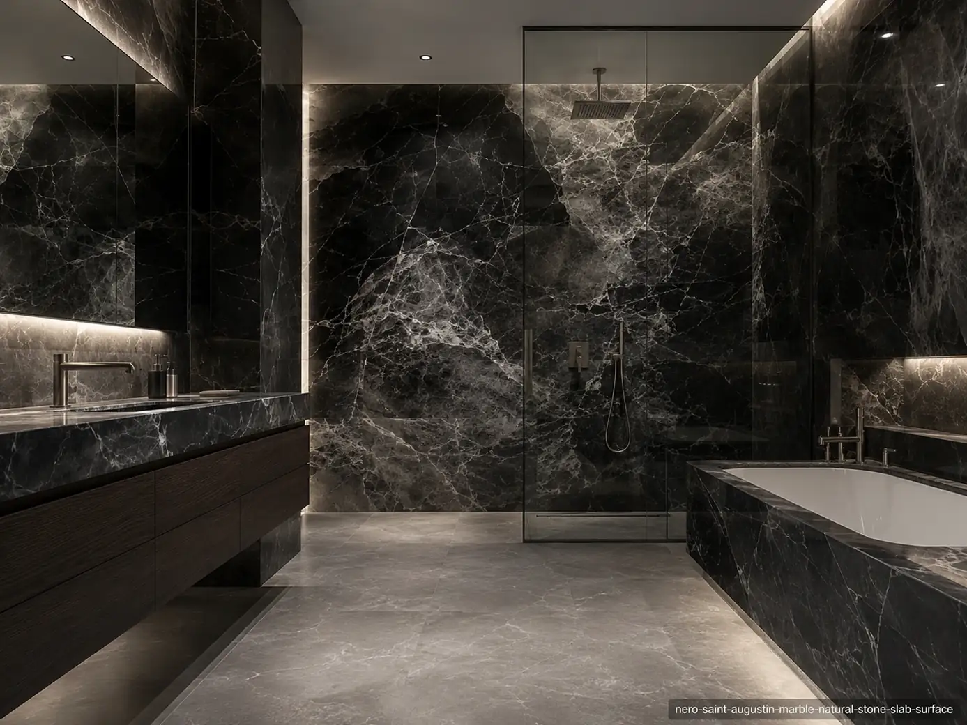 Refined dark architectural slab across a luxury shower wall, floating vanity and tub surround with smoky white mineral waves.