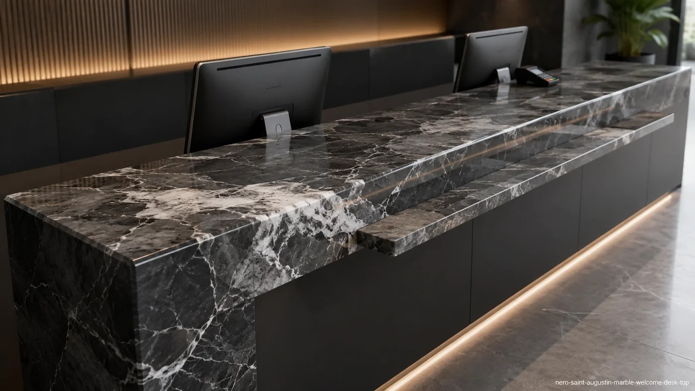 Nero Saint Augustin Marble welcome desk top with black stone, smoky silver clouds and broad white calcite veins.