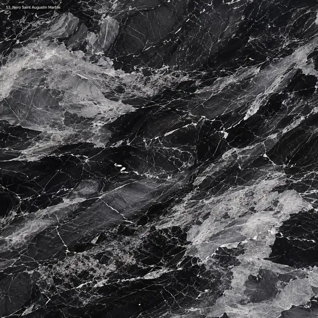 Nero Saint Augustin Marble with deep charcoal veined stone, silver clouds, white threads and dramatic polished mineral depth.
