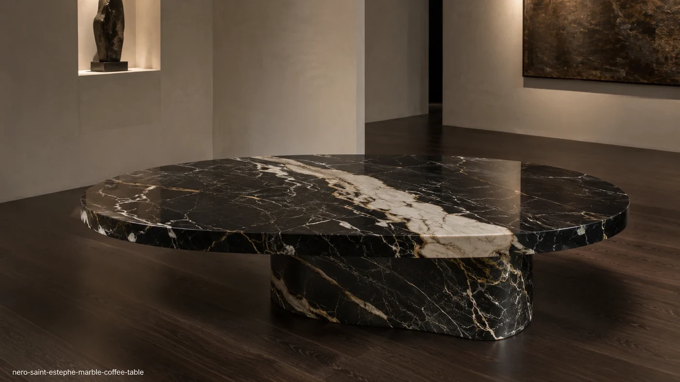 Nero Saint Estephe Marble coffee table with black stone, broad cream seams, fine white lines and a curved pedestal.