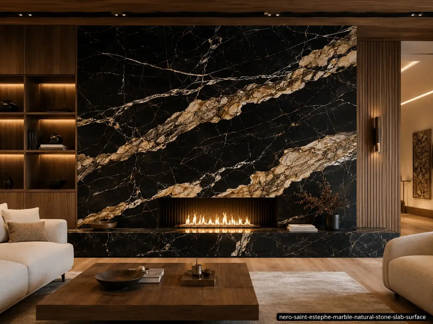 Elegant black architectural slab on a living room fireplace wall, hearth and console with ivory, cream and muted-gold veins.
