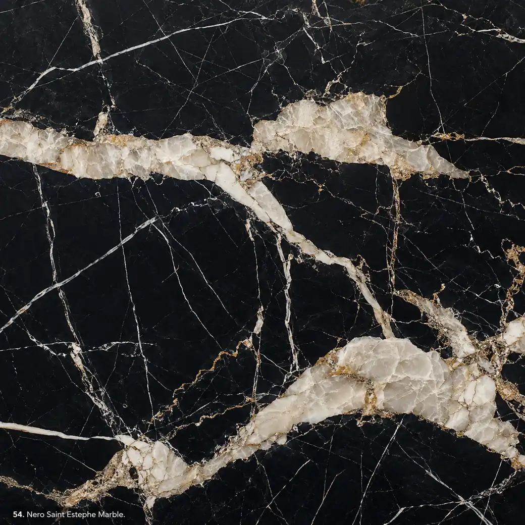 Nero Saint Estephe Marble with dark graphite luxury stone, broad ivory bands, white fractures and deep polished contrast.