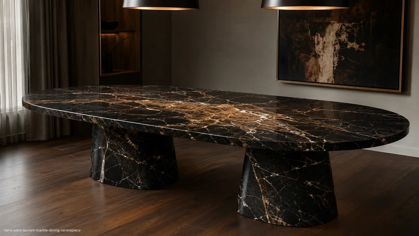 Nero Saint Laurent Marble dining table with a dark brown-black top, copper-gold veins and sculptural stone bases.