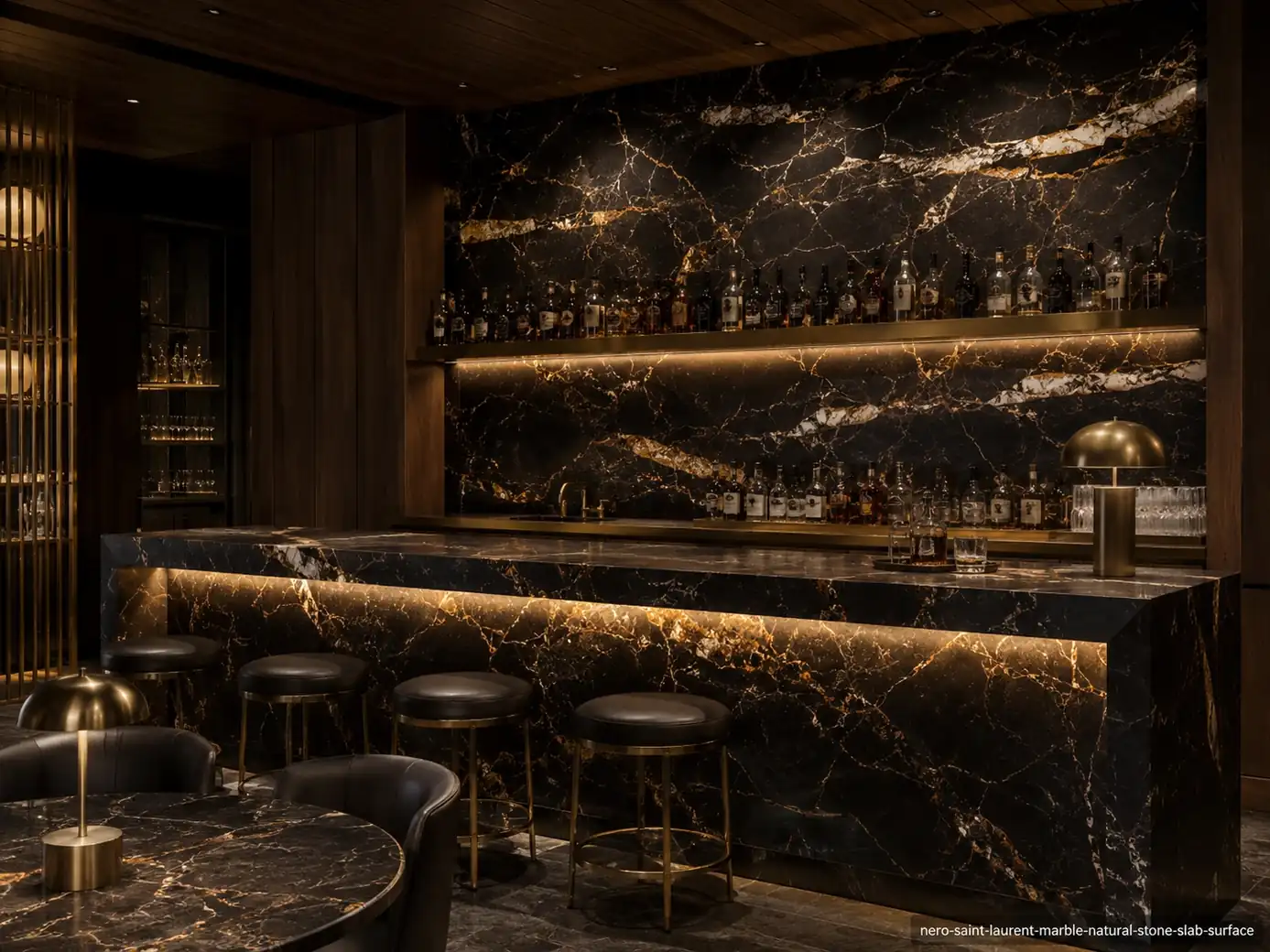 Deep espresso architectural slab on an executive bar wall, counter and tabletops with gold, copper, cream and white movement.