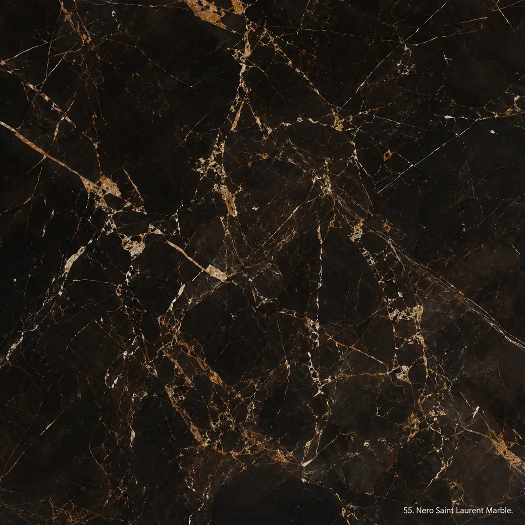 Nero Saint Laurent Marble with black stone with golden veins, copper branches, ivory details and rich polished mineral depth.