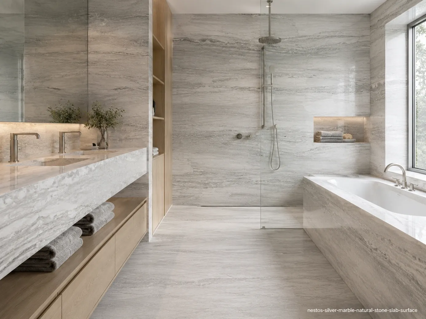 Cool metallic architectural slab across vanity, shower walls, tub surround and flooring with parallel silver-grey bands.