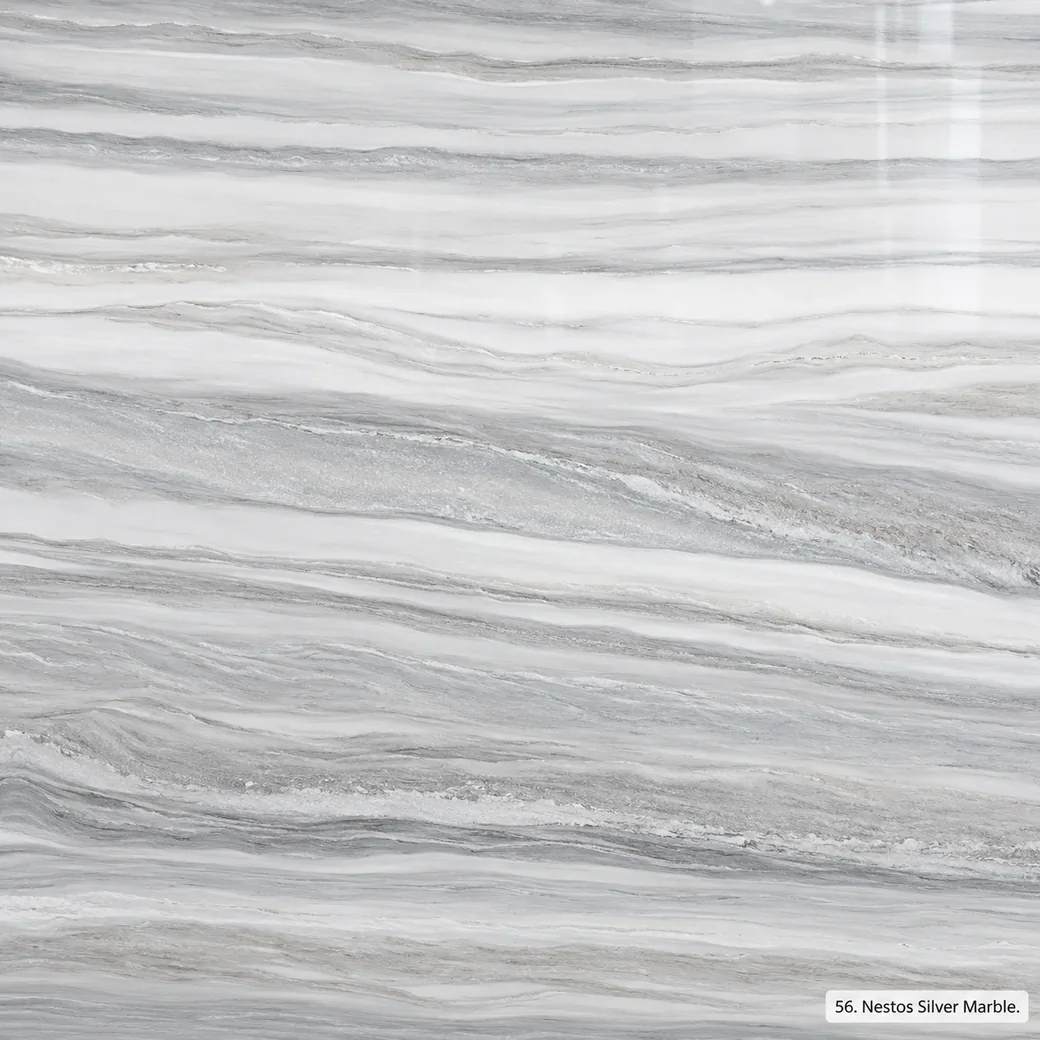 Nestos Silver Marble with silver grey linear stone, parallel pearl bands, pale ribbons and a refined polished stone finish.