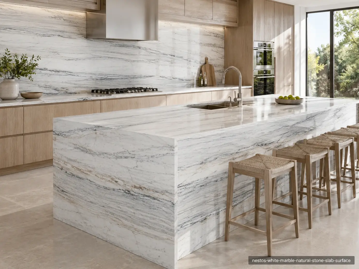 Bright architectural slab on a kitchen island, backsplash and countertops with a white field and fine grey directional veins.