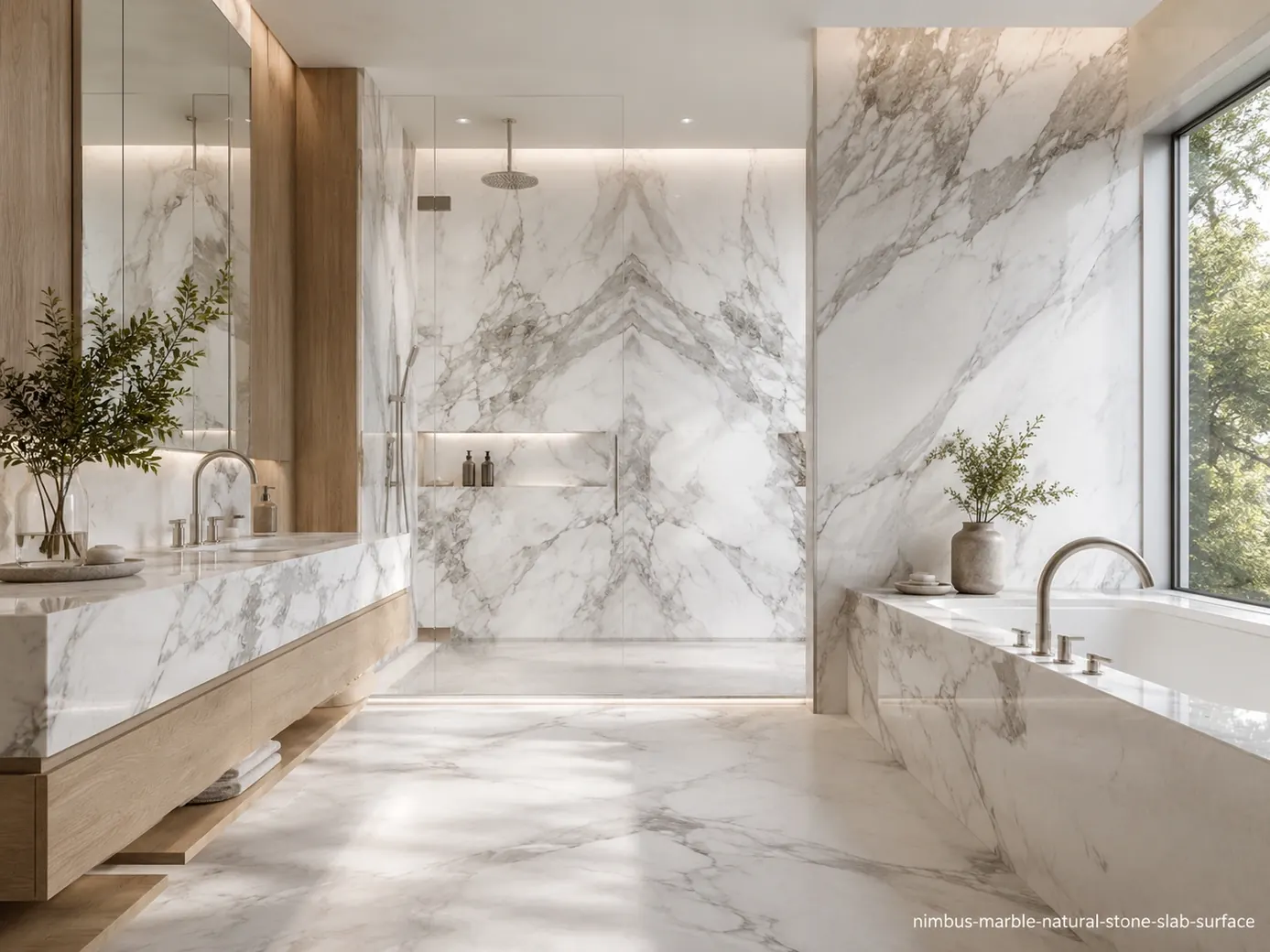 Luminous architectural slab across a shower wall, vanity, tub surround and flooring with white, silver and mist-grey swirls.