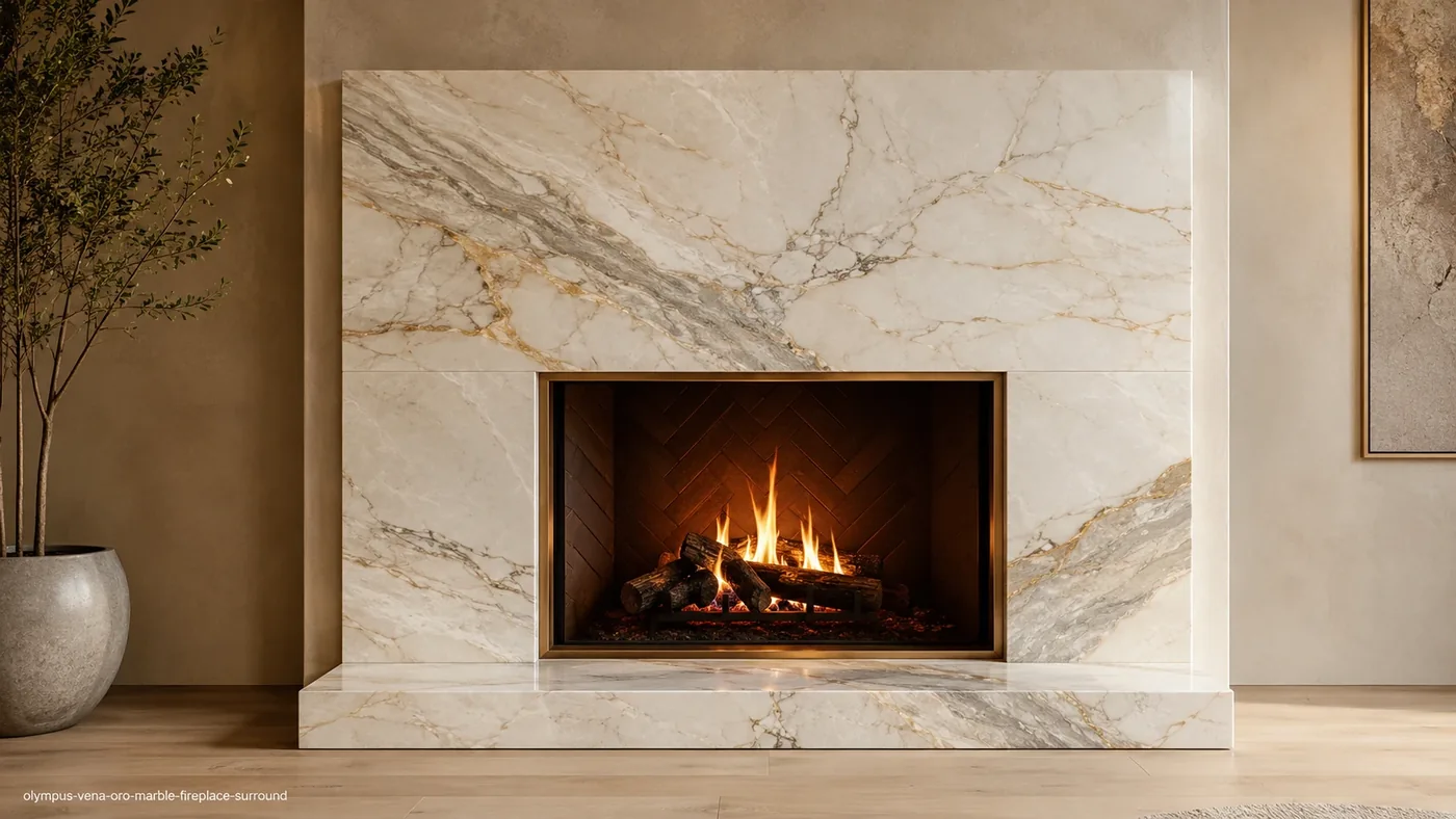 Olympus Vena Oro Marble fireplace surround with white stone and graceful grey, champagne and soft-gold veins.