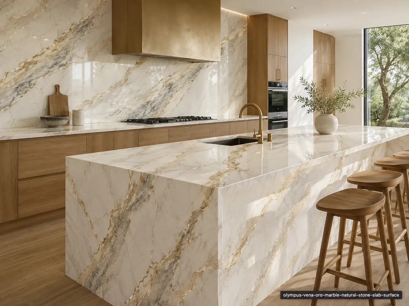 Graceful metallic mineral movement on a kitchen island, backsplash and wall panels with white, champagne and soft-gold veins.