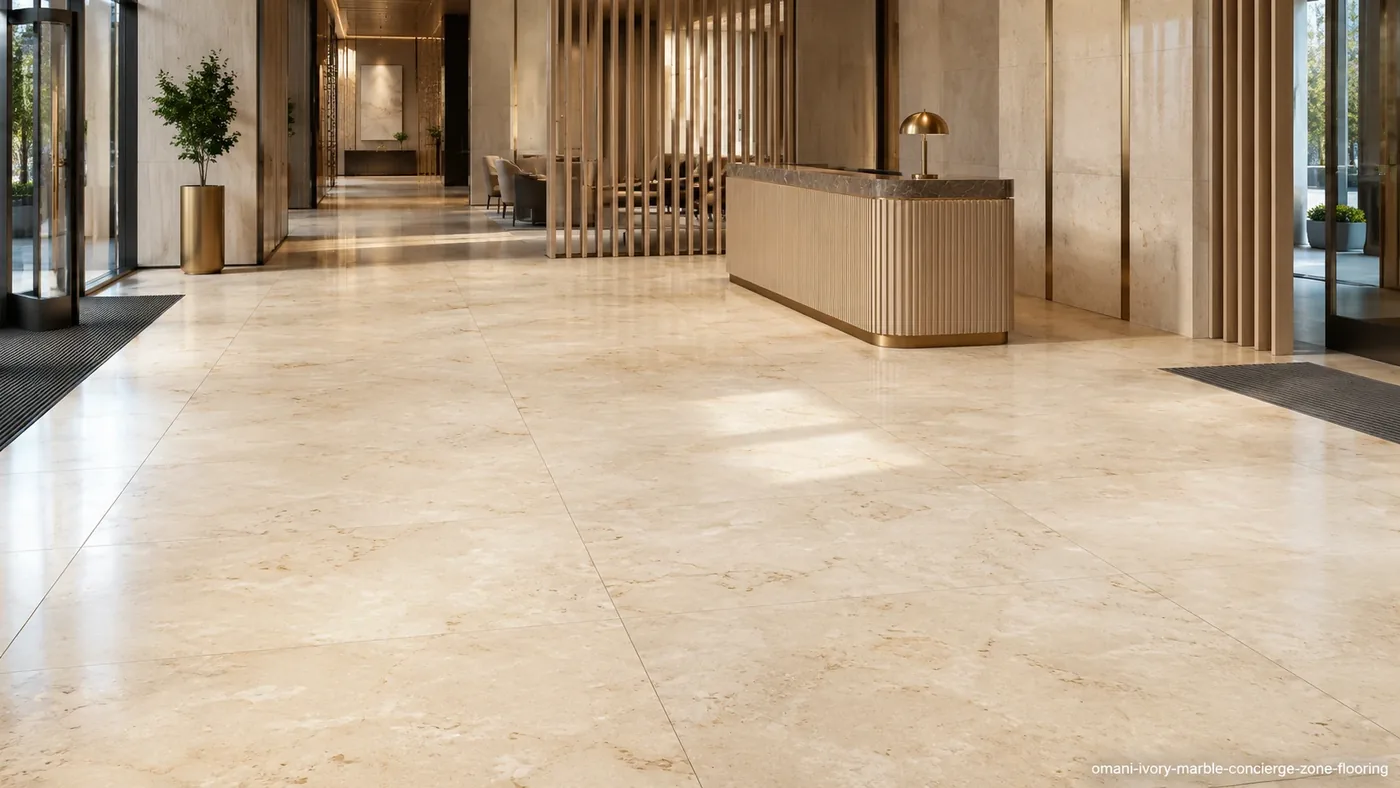 Omani Ivory Marble concierge-zone floor with honed ivory slabs, subtle beige clouds and fossil-like markings.