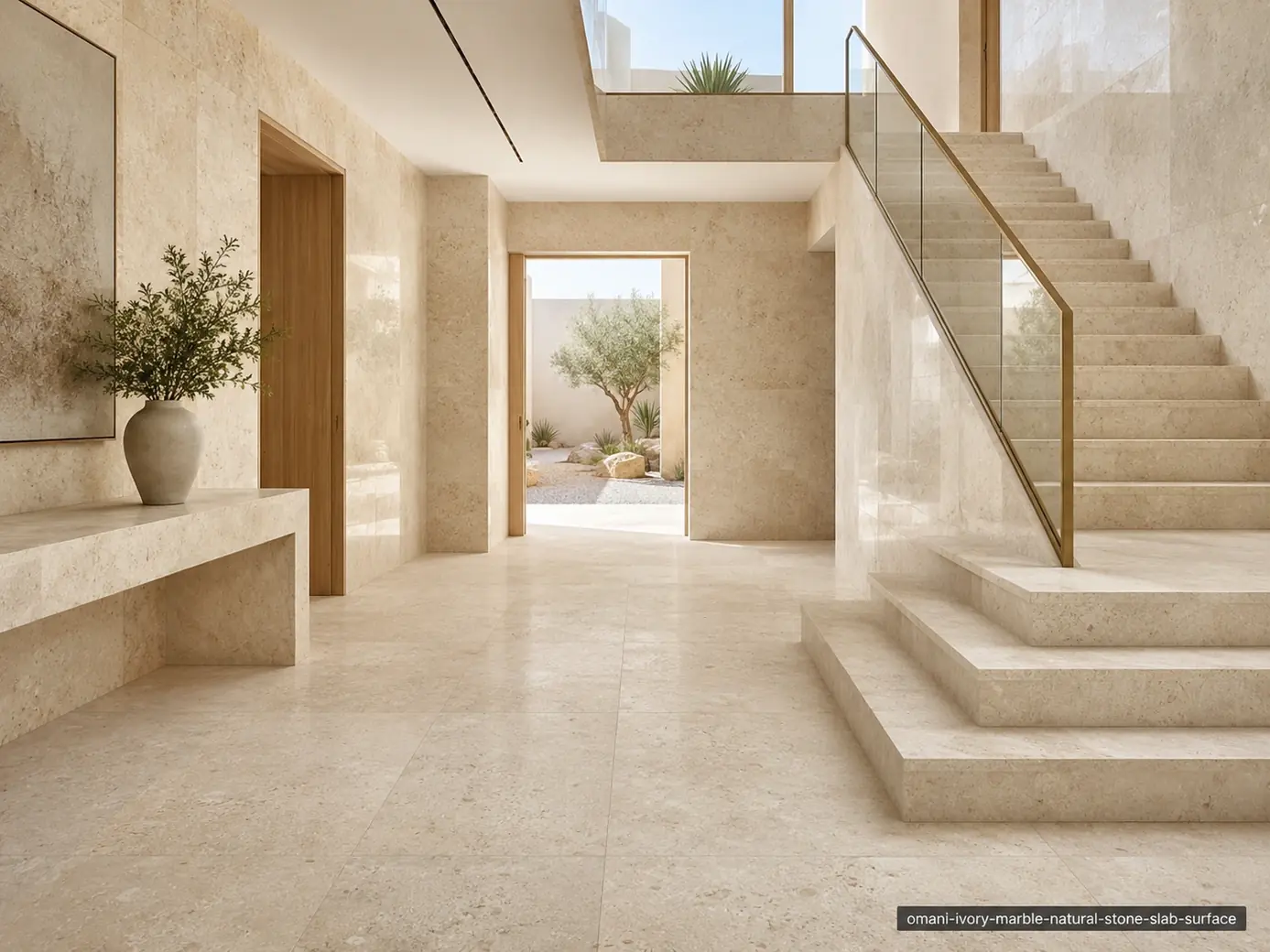 Subtle cloudy mineral texture across flooring, staircase and wall cladding with warm ivory, biscuit and fossil-like details.