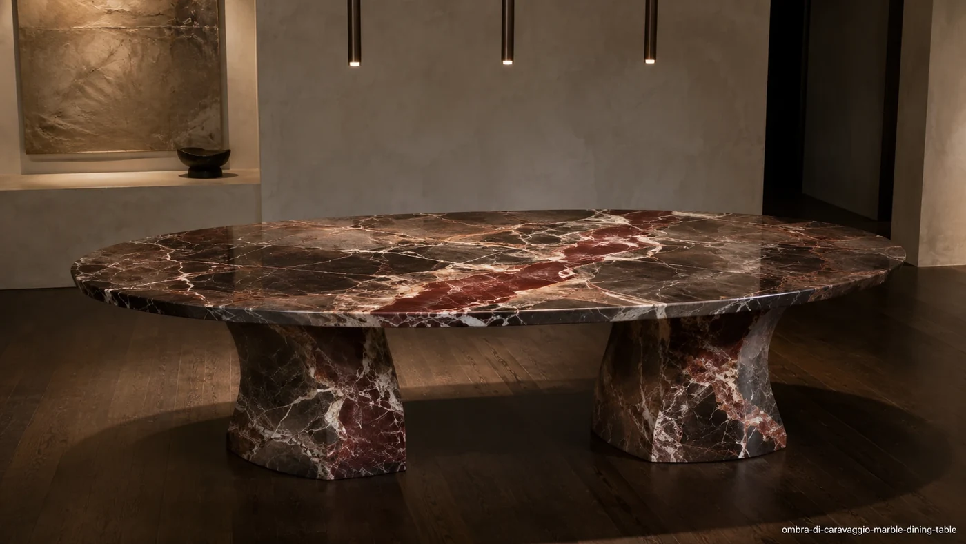 Ombra Di Caravaggio Marble dining table with chocolate-brown stone, burgundy ribbons and smoky-grey movement.