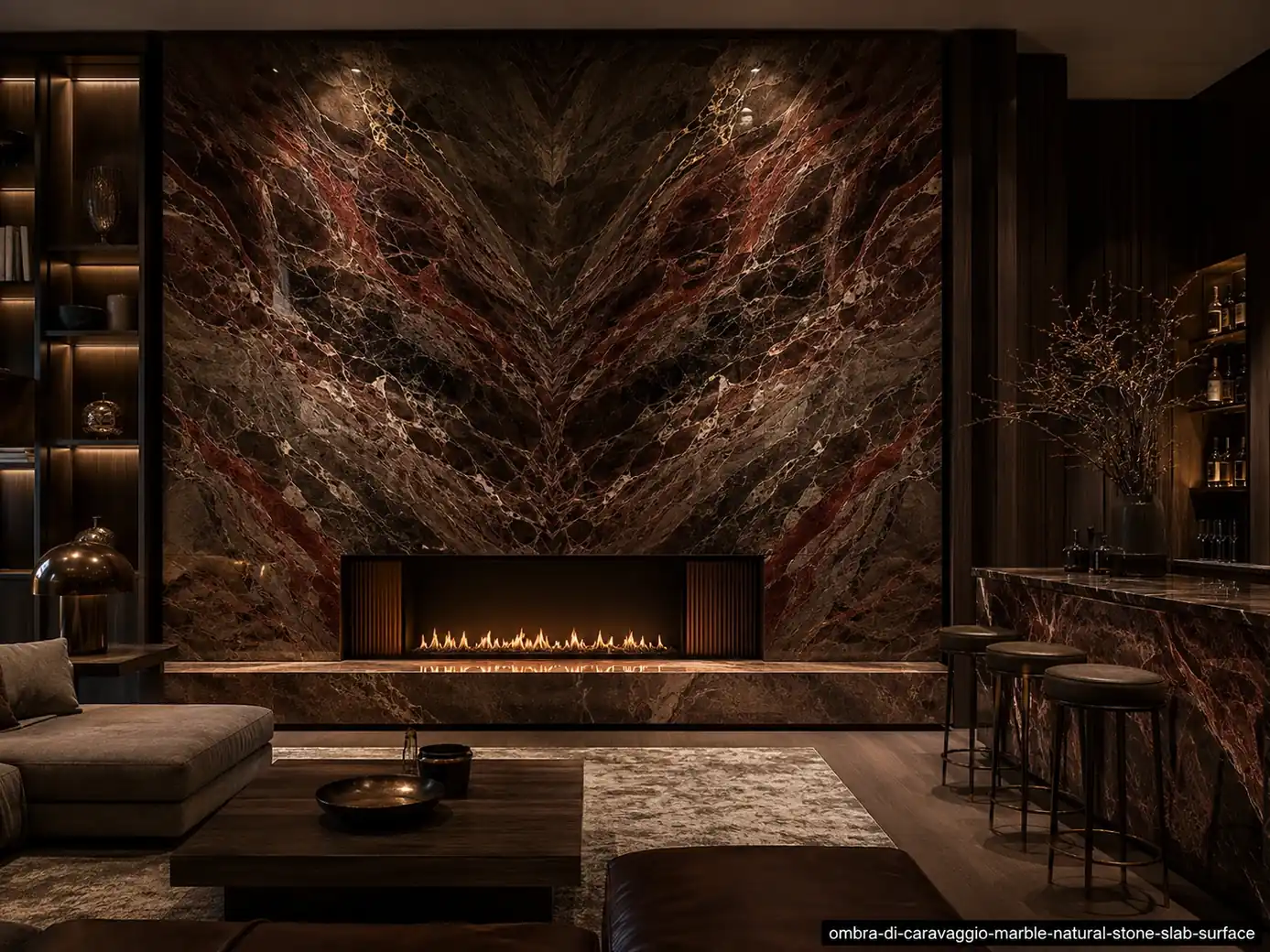 Deep earthy architectural slab on a fireplace wall, console and bar counter with chocolate, burgundy and smoky grey veins.
