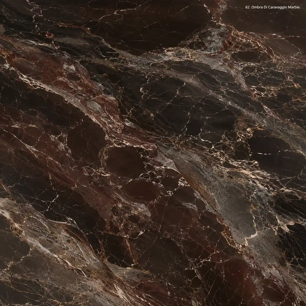 Ombra Di Caravaggio Marble with shadowed brown grey stone, burgundy ribbons, smoky veins and rich polished mineral depth.
