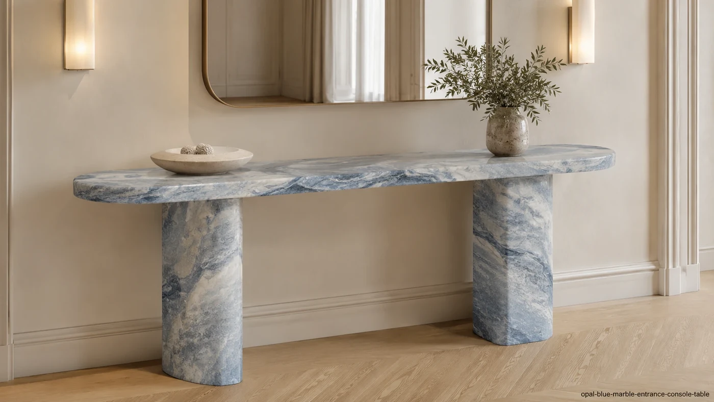 Opal Blue Marble entrance console with pale blue stone, flowing white clouds and soft blue-grey veins.