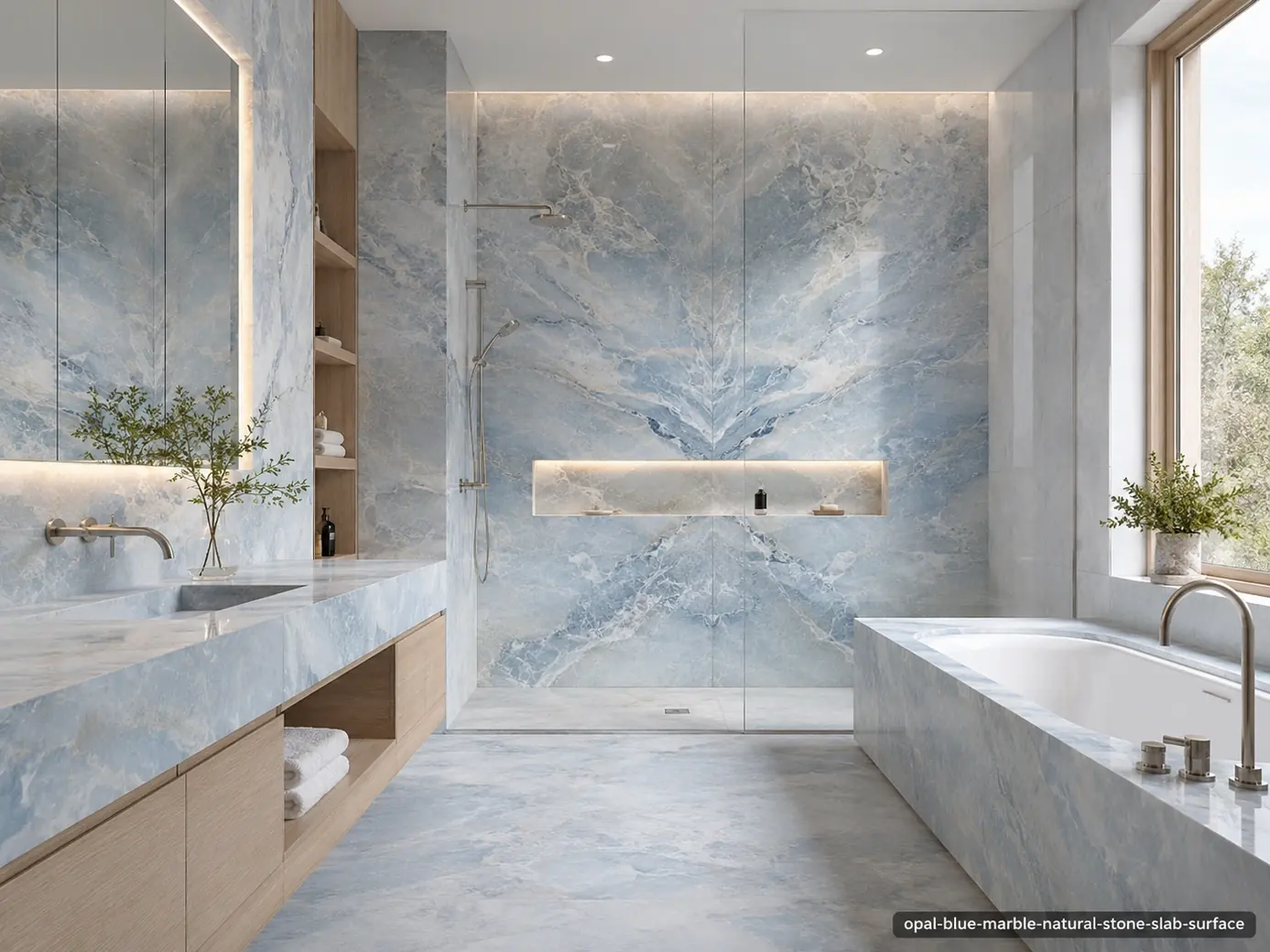 Luminous ocean toned slab across a spa shower wall, vanity, tub surround and flooring with icy blue and white flowing bands.