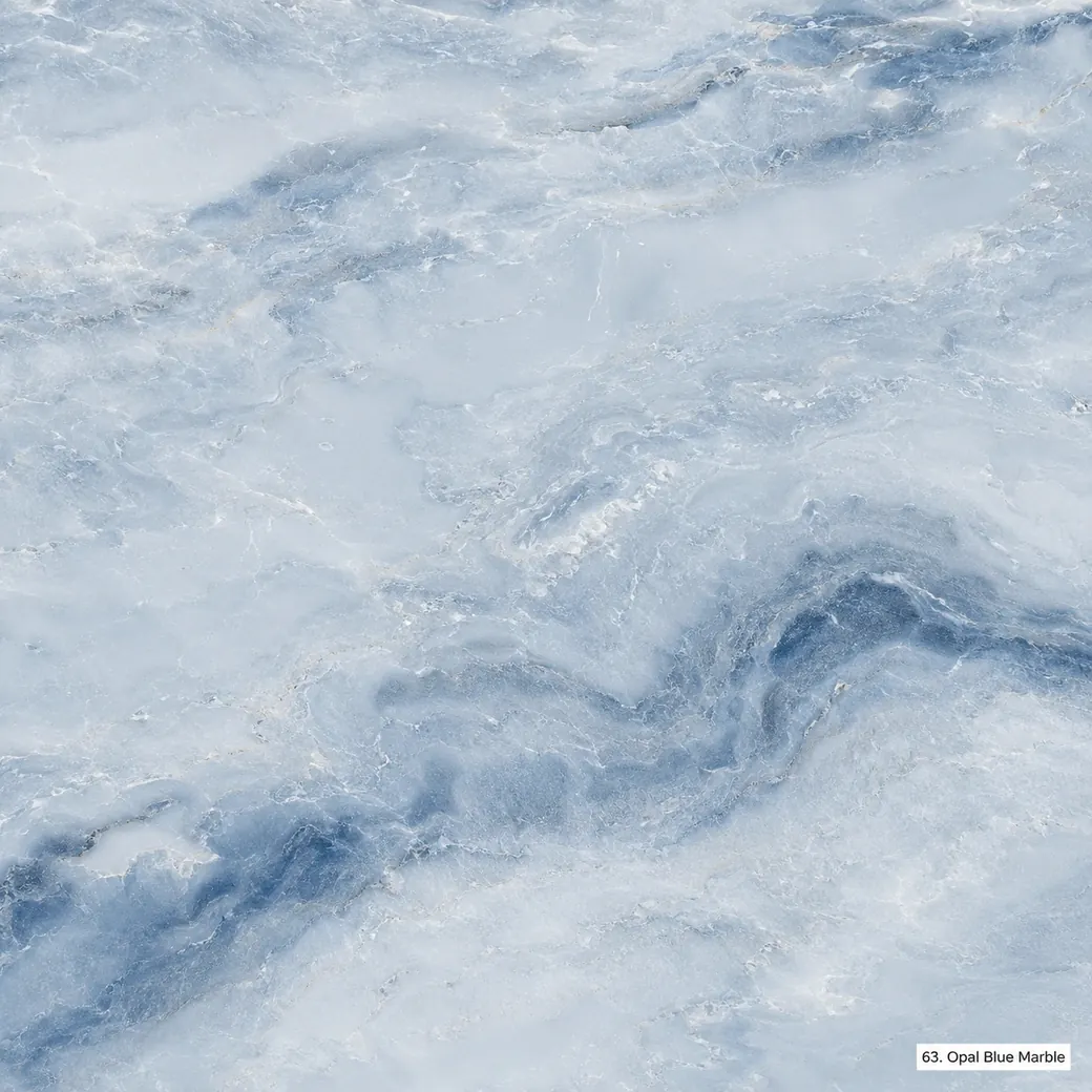 Opal Blue Marble with translucent blue natural stone, white clouds, layered currents and luminous polished mineral depth.