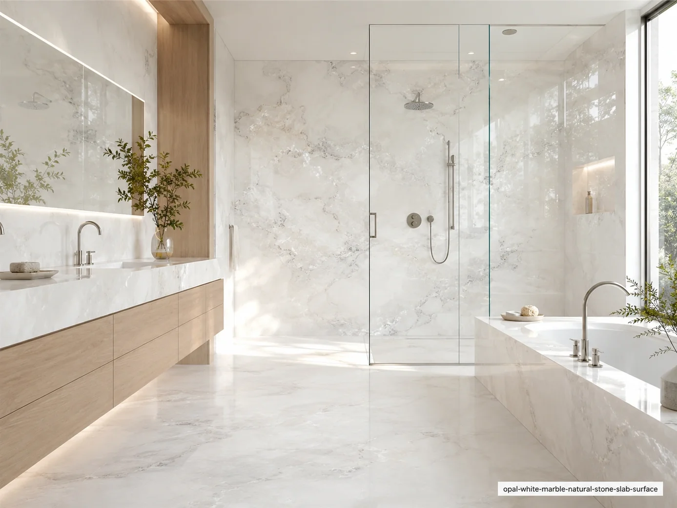 Luminous pure architectural slab across bathroom shower walls, vanity, bathtub surround and flooring with pearly white depth.